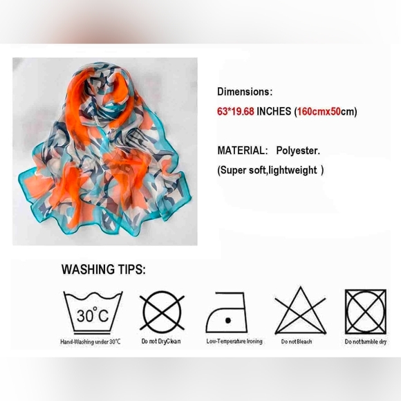 NWT Abstract Floral Scarf Orange Teal Navy Lightweight Shawl 63"x20" - Picture 6 of 7